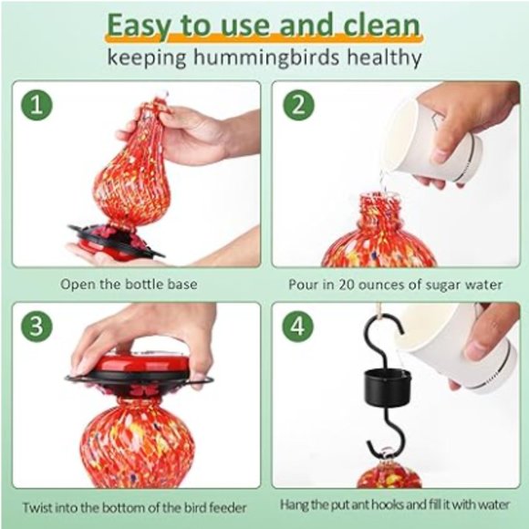 28 oz - Hand Blown Glass Hummingbird Feeder for Outdoors - Picture 5 of 8